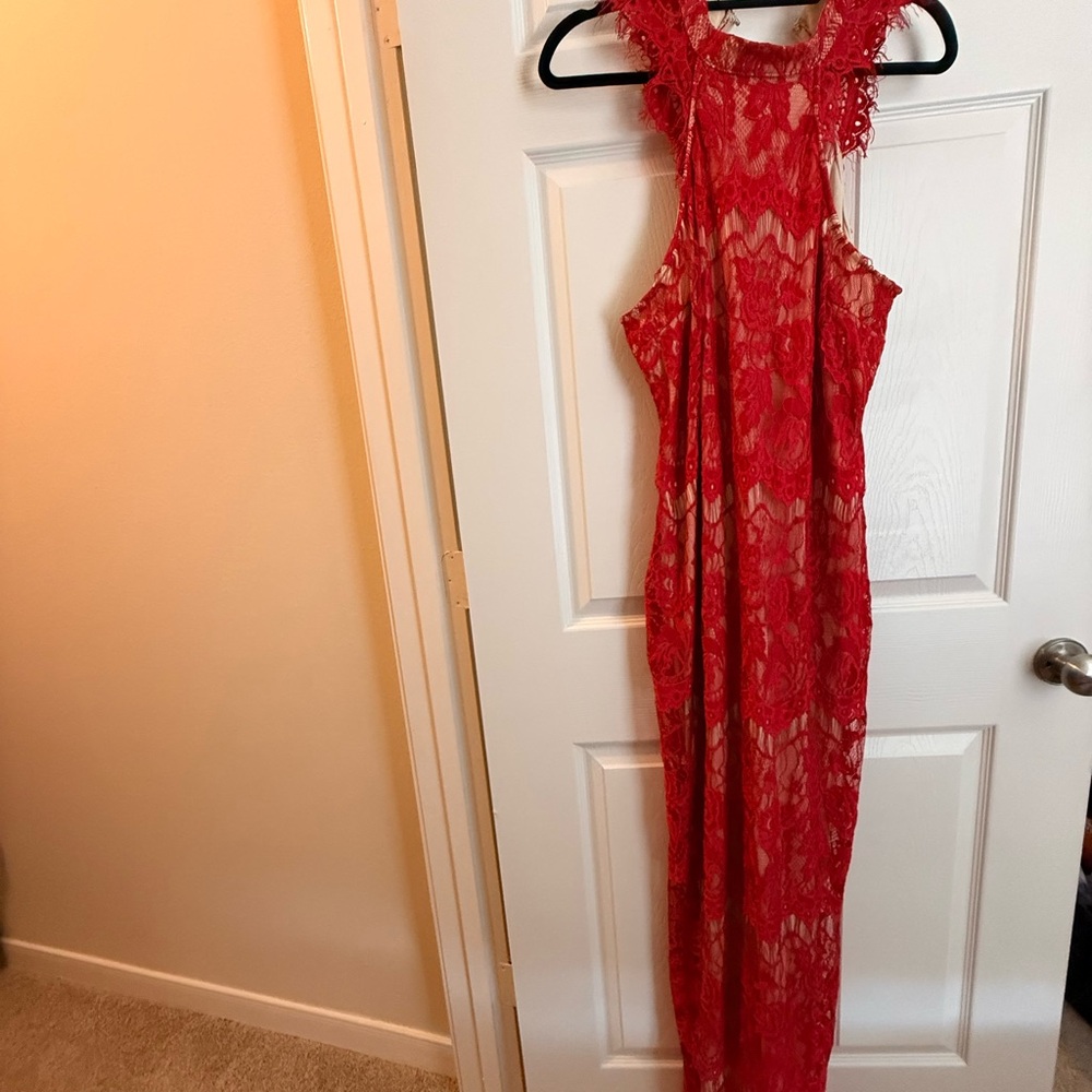 Chic Scarlet Lace Maxi Dress